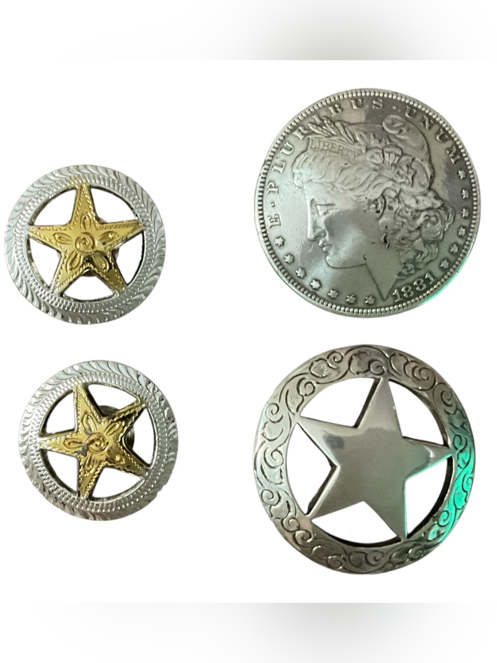 Vintage Western Concho Lot Morgan Dollar Replica Sheriff Star Screw Back Conchos
